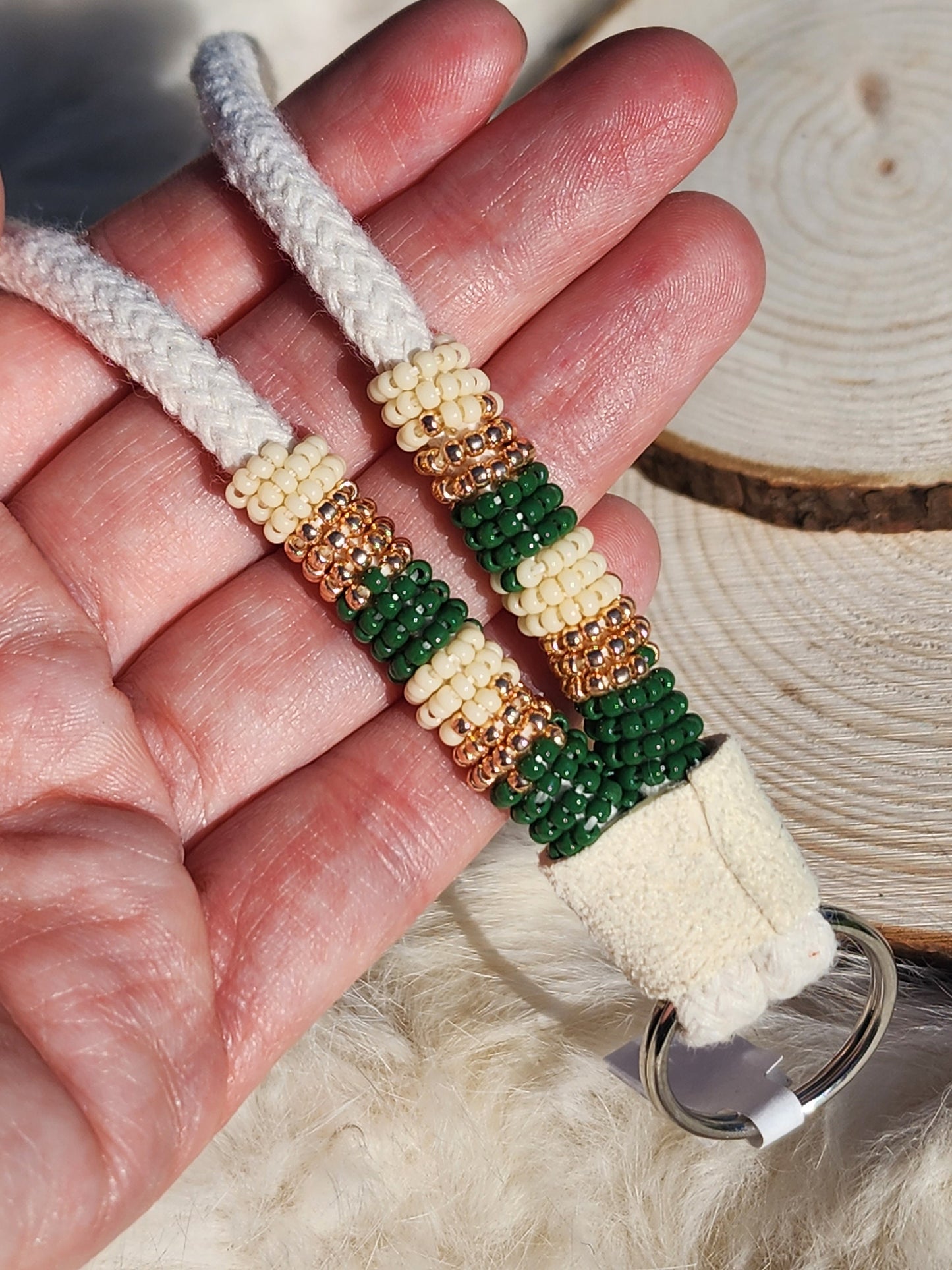 Neutral beige, green and gold beaded keychain