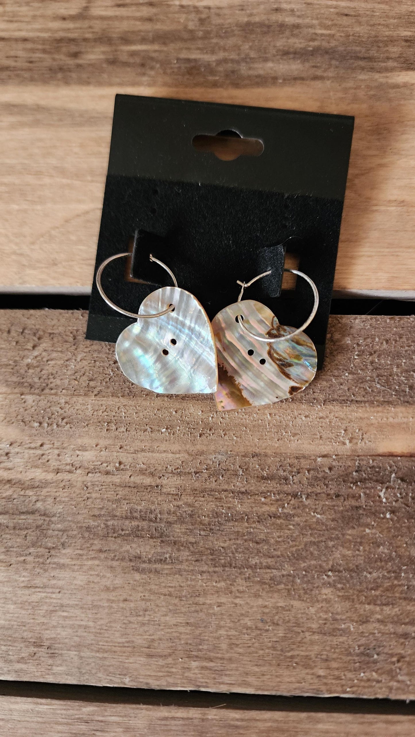 Heart shaped abalone button hoop earrings