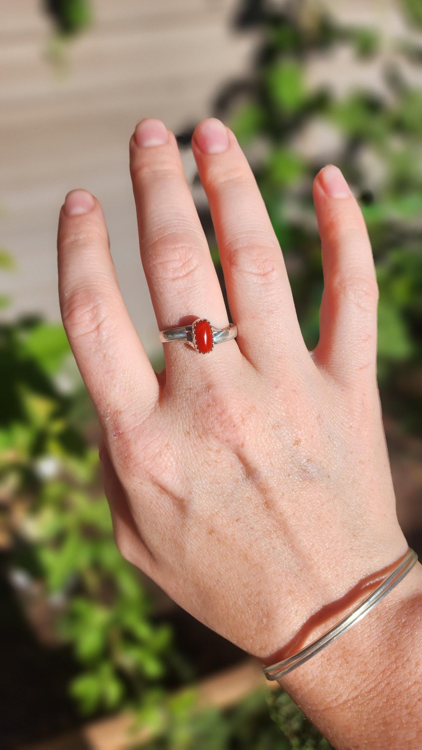 Sterling silver Red Coral Navajo ring, Size 7.5