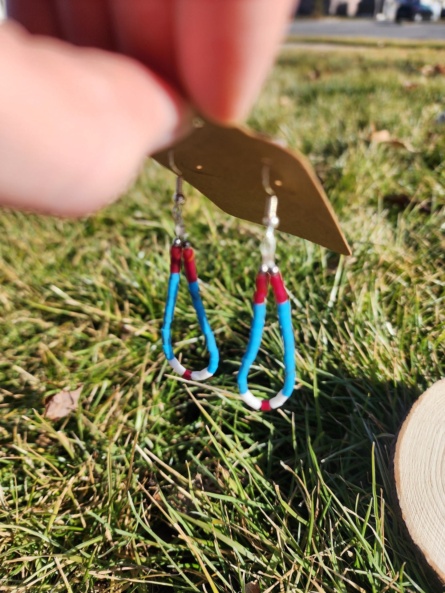 Traditonal Navajo drop red, white, turquoise synthetic heishi dangly earrings