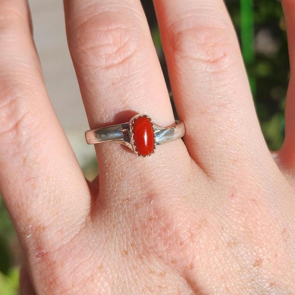 Sterling silver Red Coral Navajo ring, Size 7.5