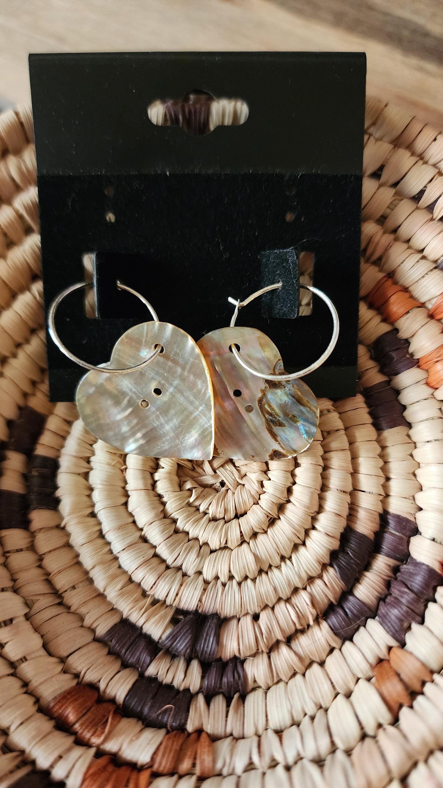 Heart shaped abalone button hoop earrings