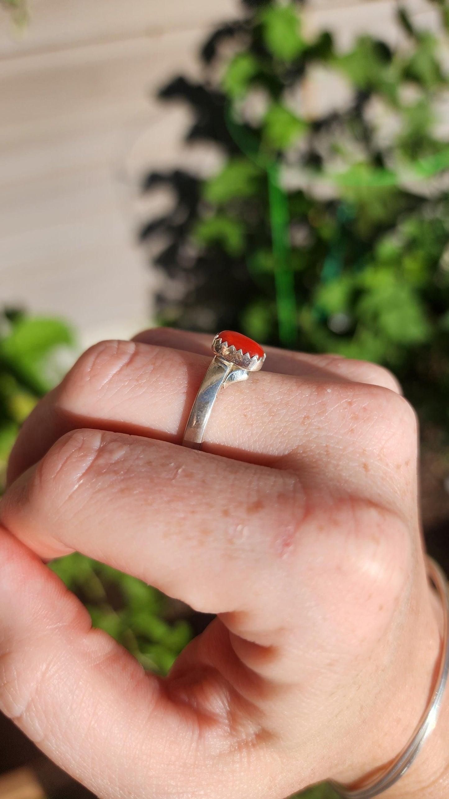 Sterling silver Red Coral Navajo ring, Size 7.5