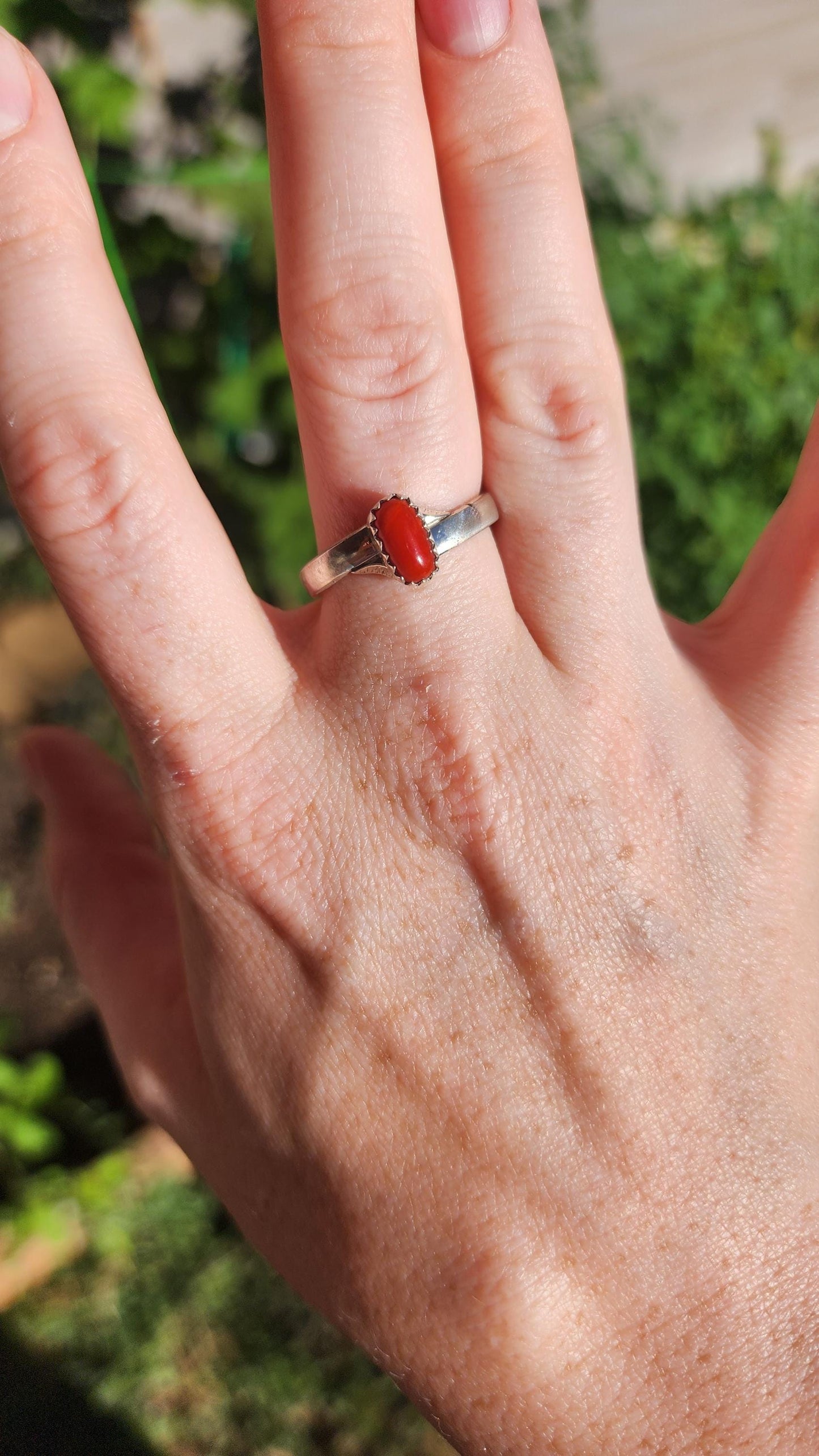 Sterling silver Red Coral Navajo ring, Size 7.5