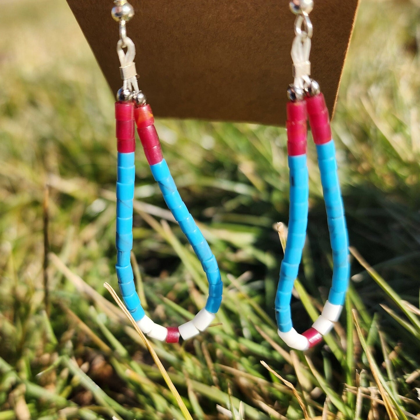 Traditonal Navajo drop red, white, turquoise synthetic heishi dangly earrings