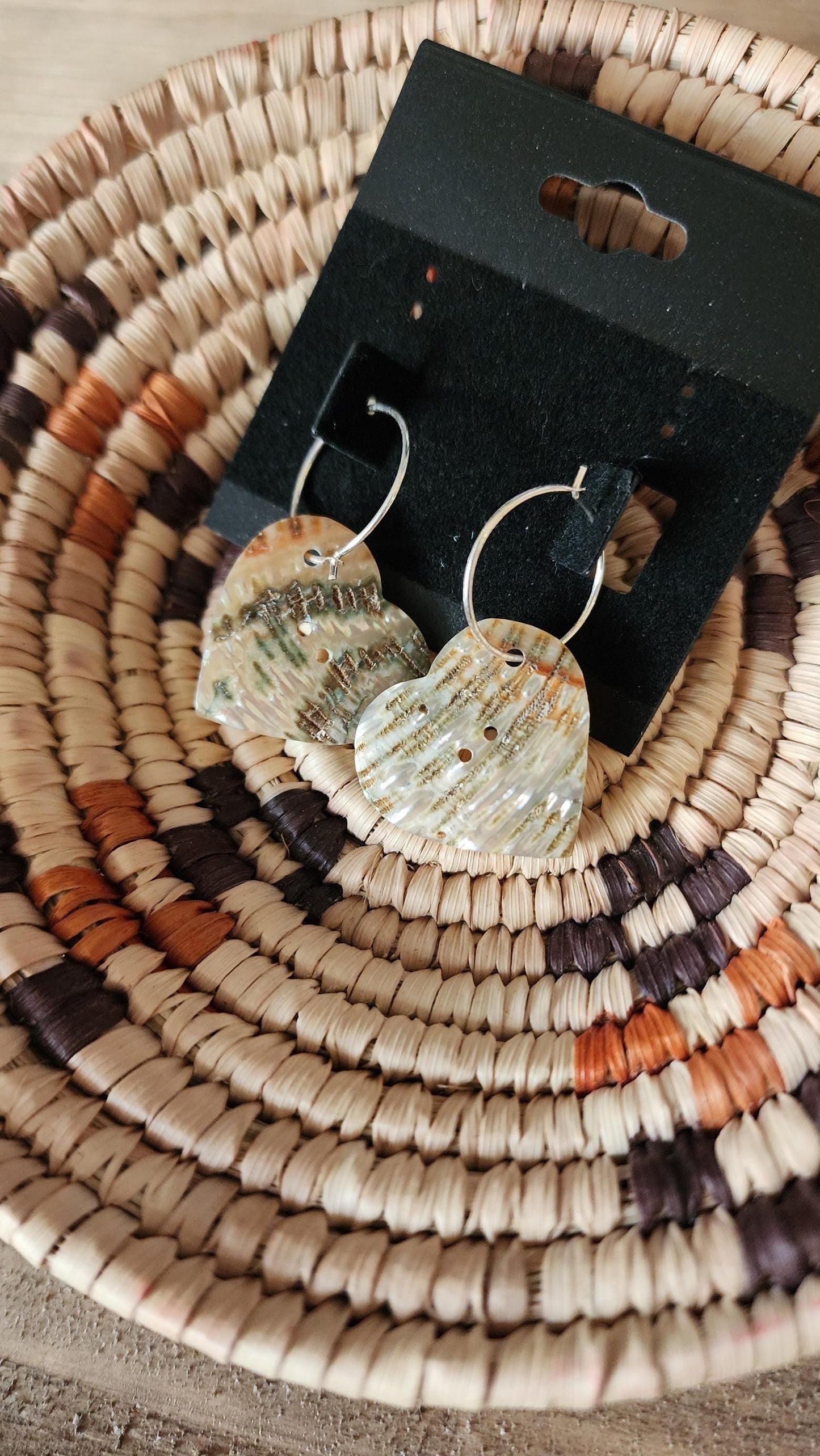 Heart shaped abalone button hoop earrings