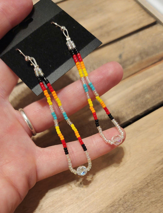 Rainbow seed beaded and Swarovski crystal earrings