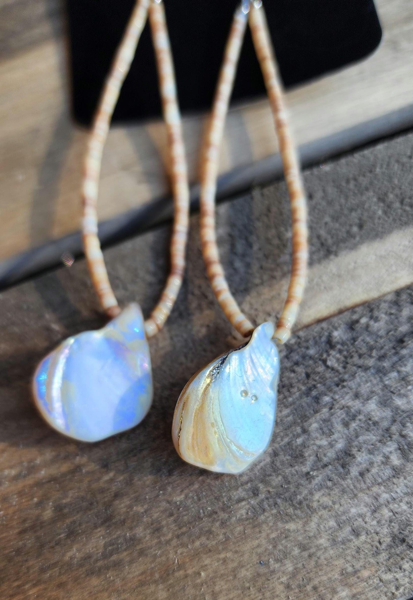 Brown Heishi beaded and mother of pearl Abalone Earrings