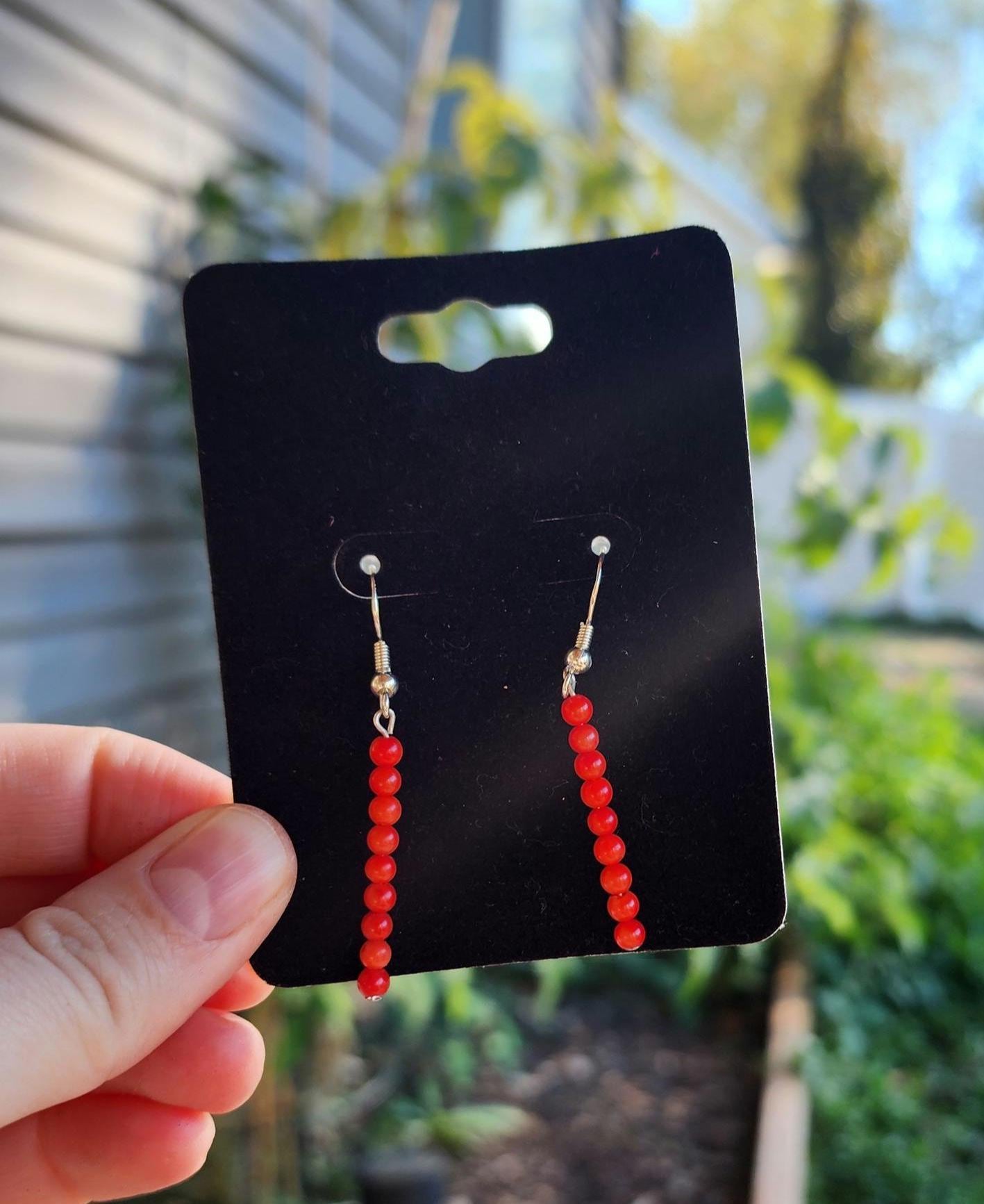 Beaded Red Coral Drop Sterling silver Earrings