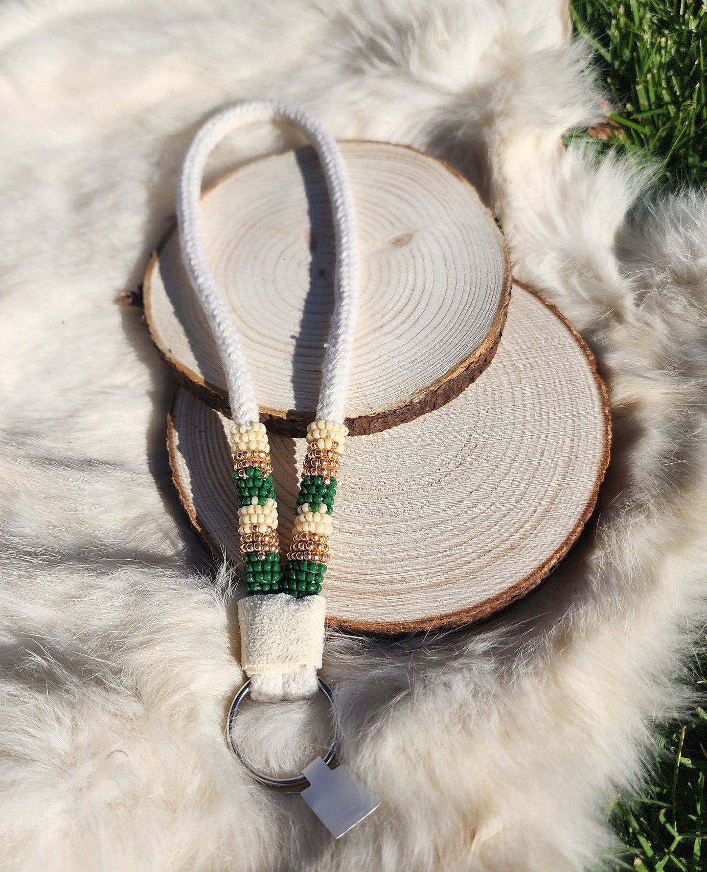 Neutral beige, green and gold beaded keychain