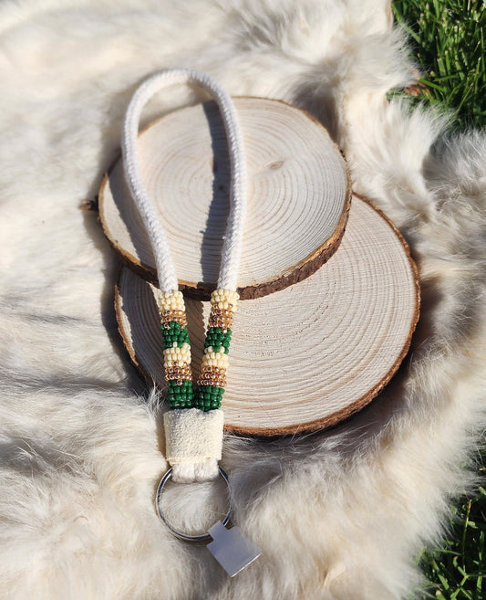 Neutral beige, green and gold beaded keychain