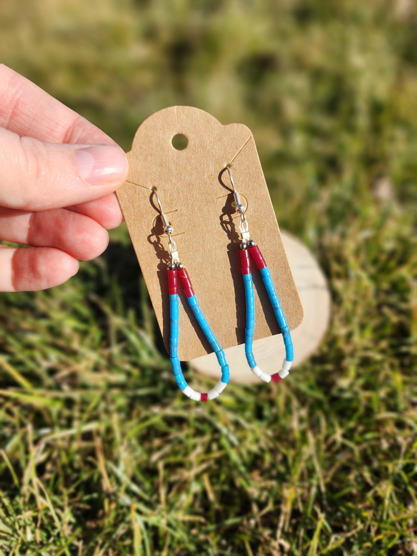 Traditonal Navajo drop red, white, turquoise synthetic heishi dangly earrings