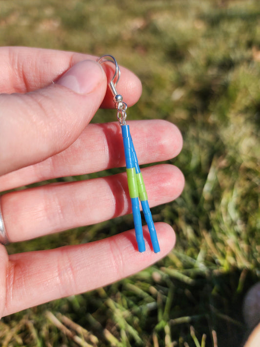 Blue and green dangly synthetic heishi beaded earrings