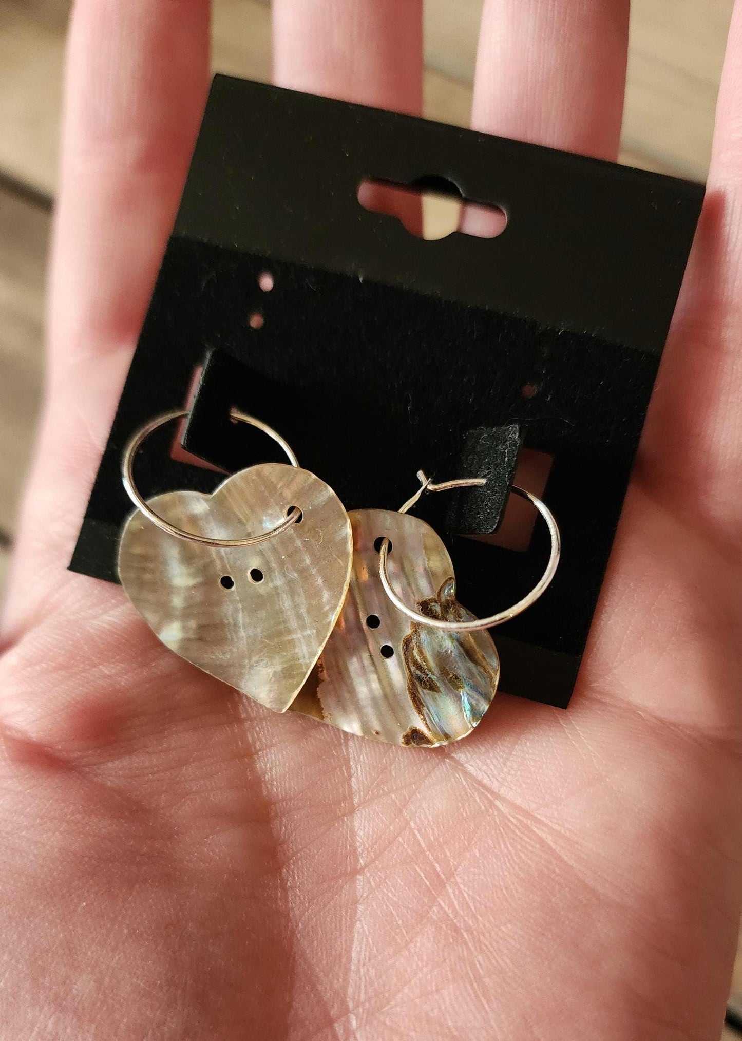 Heart shaped abalone button hoop earrings