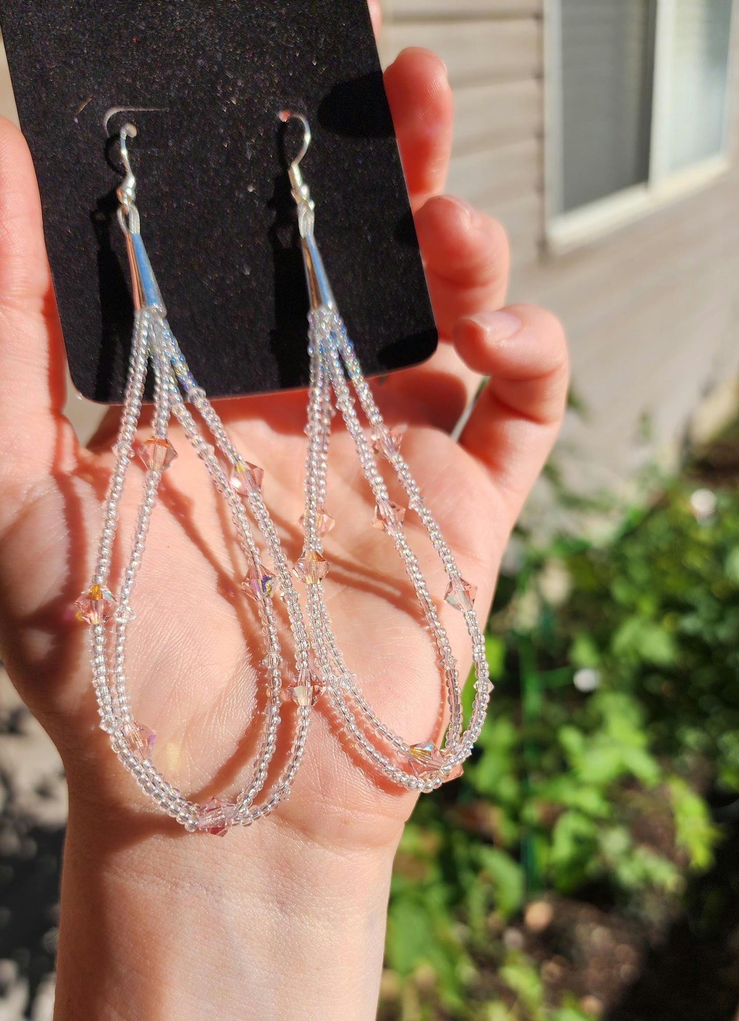 Pink and white seed bead and Swarovski crystal earrings
