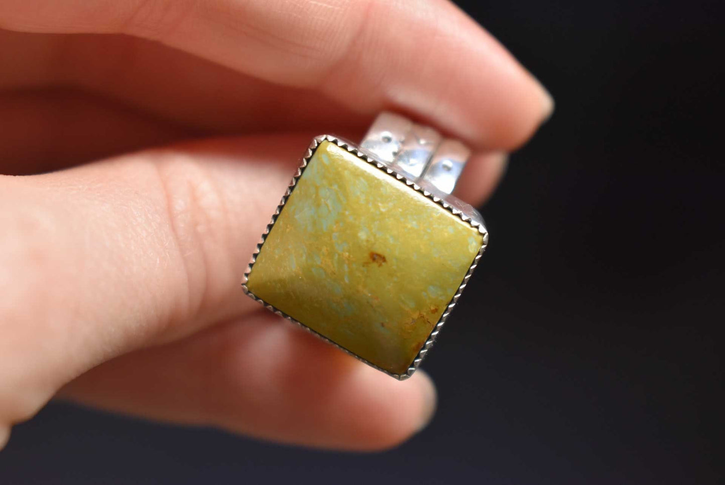Sterling Silver Green/Gold cripple creek Navajo Turquoise ring, Size 10.5