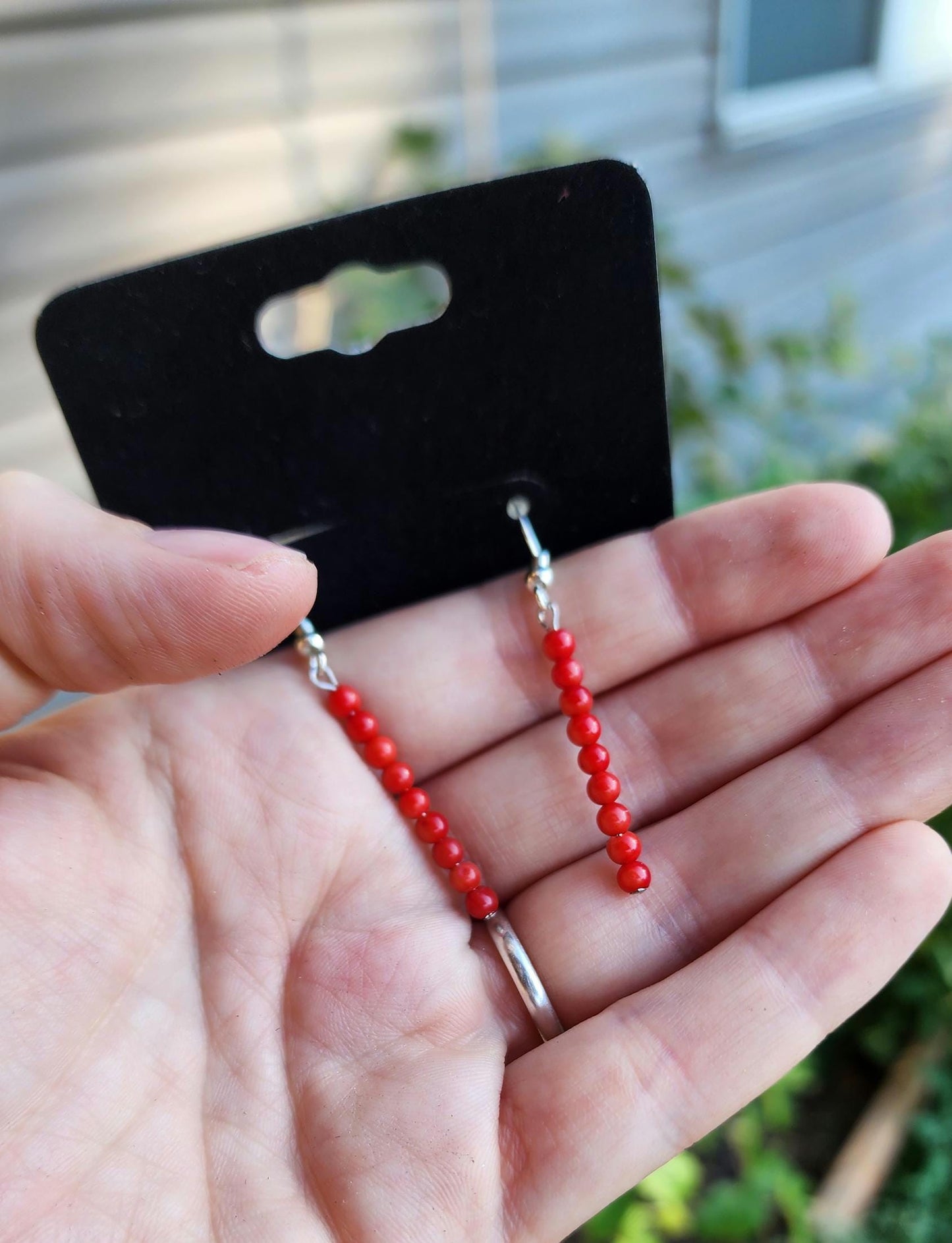 Beaded Red Coral Drop Sterling silver Earrings