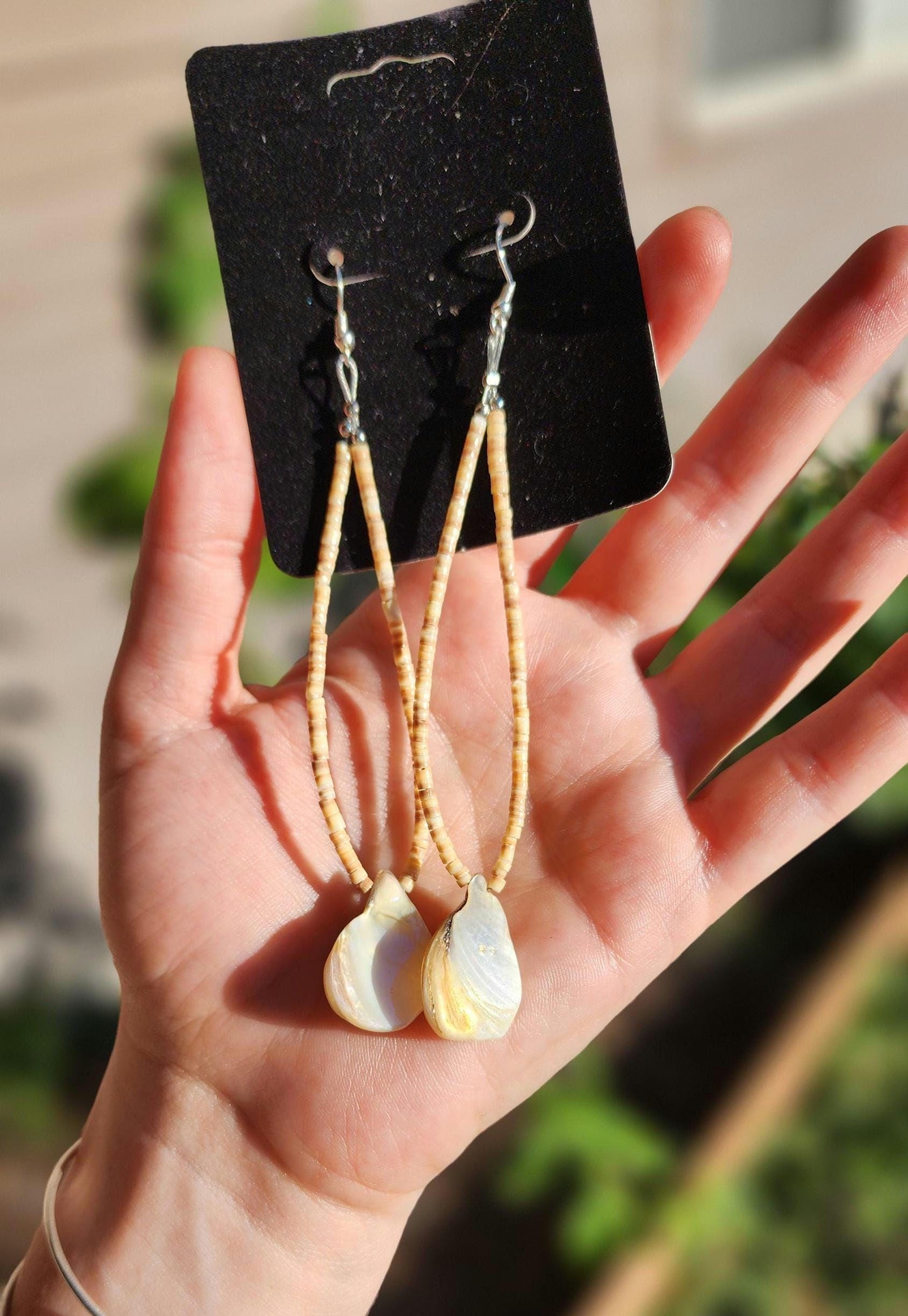 Brown Heishi beaded and mother of pearl Abalone Earrings