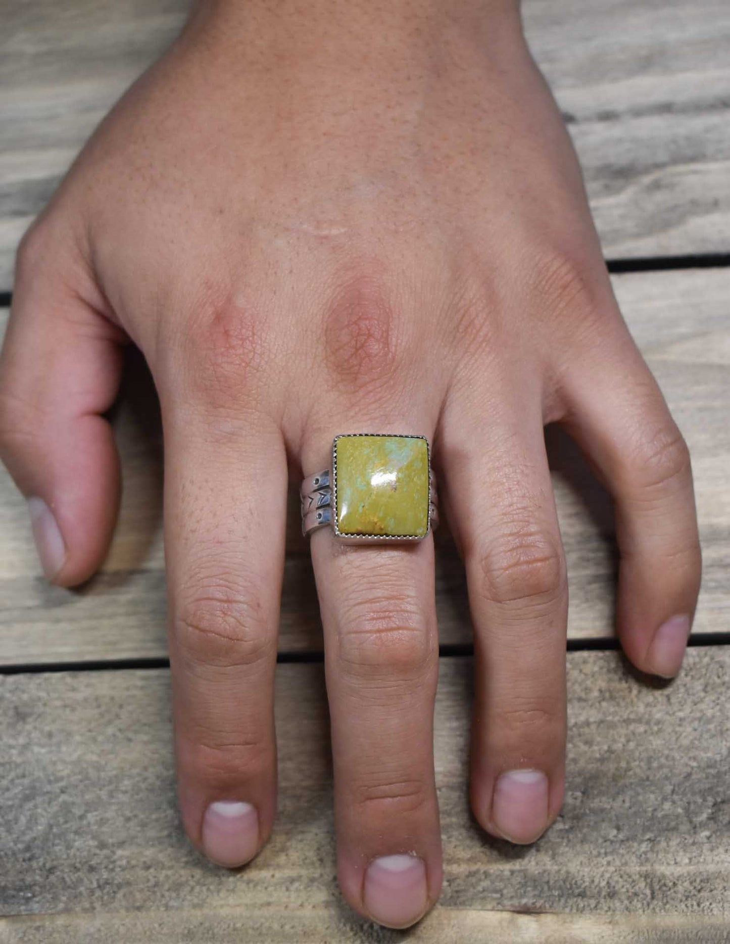 Sterling Silver Green/Gold cripple creek Navajo Turquoise ring, Size 10.5