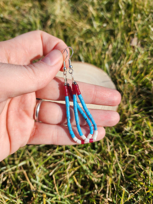 Traditonal Navajo drop red, white, turquoise synthetic heishi dangly earrings