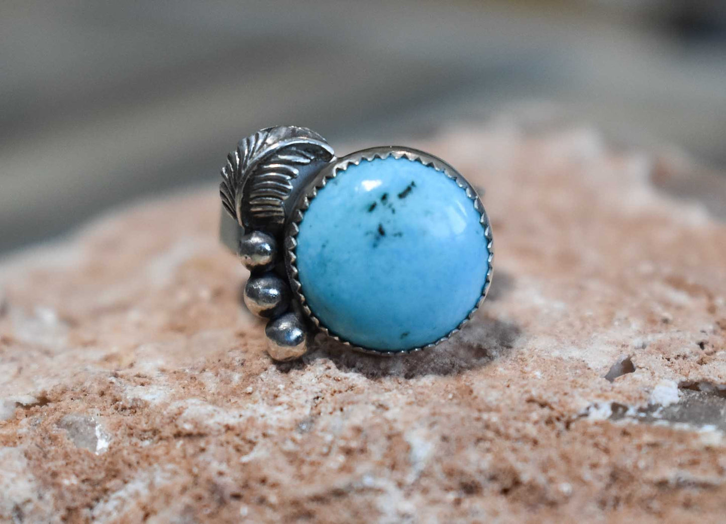 Sterling Silver Blue Matrix Kingman Turquoise Navajo Feather ring, Size 7.5