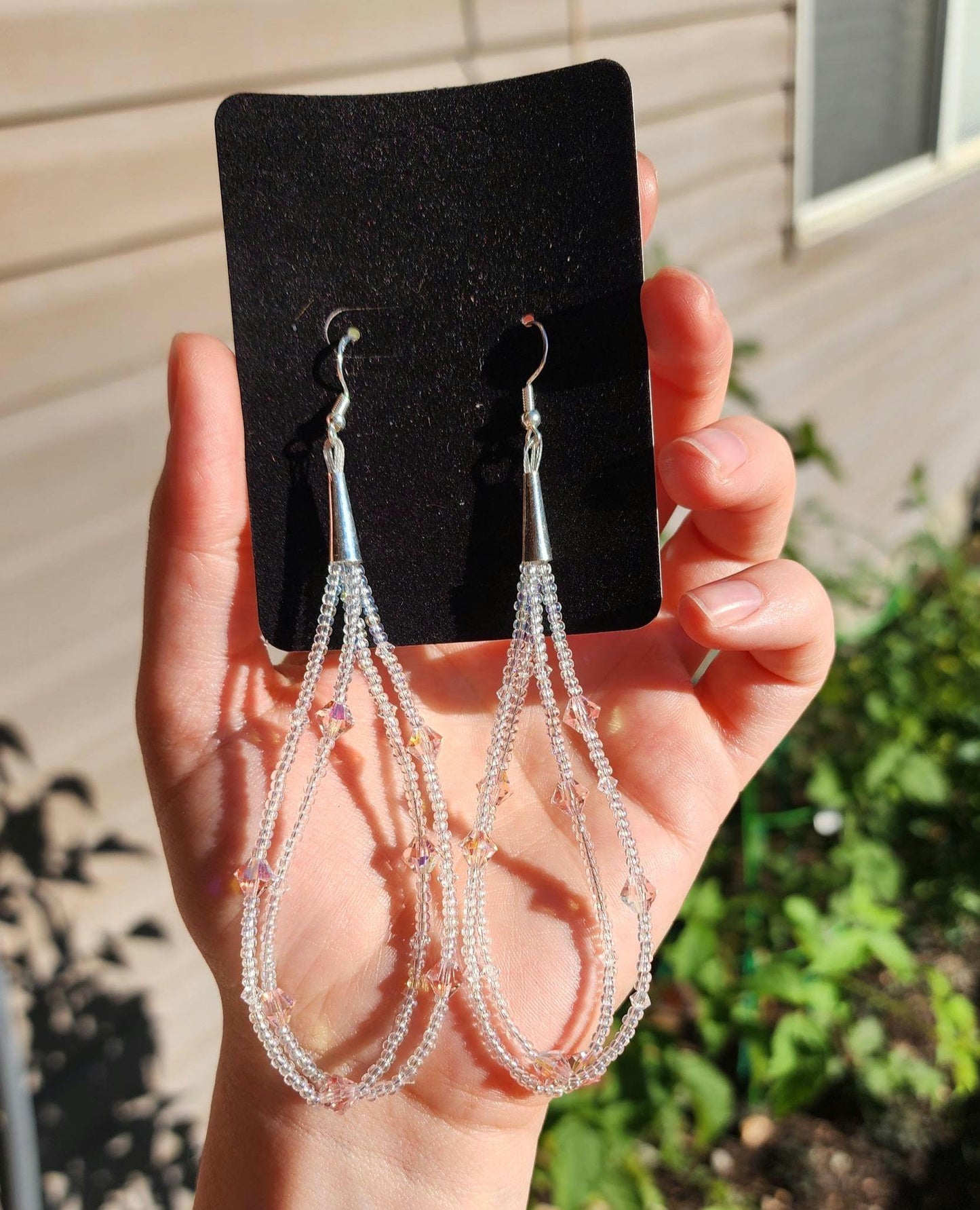 Pink and white seed bead and Swarovski crystal earrings