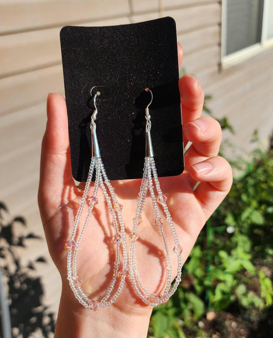 Pink and white seed bead and Swarovski crystal earrings