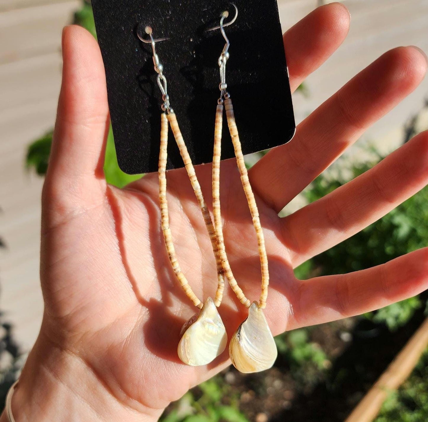 Brown Heishi beaded and mother of pearl Abalone Earrings