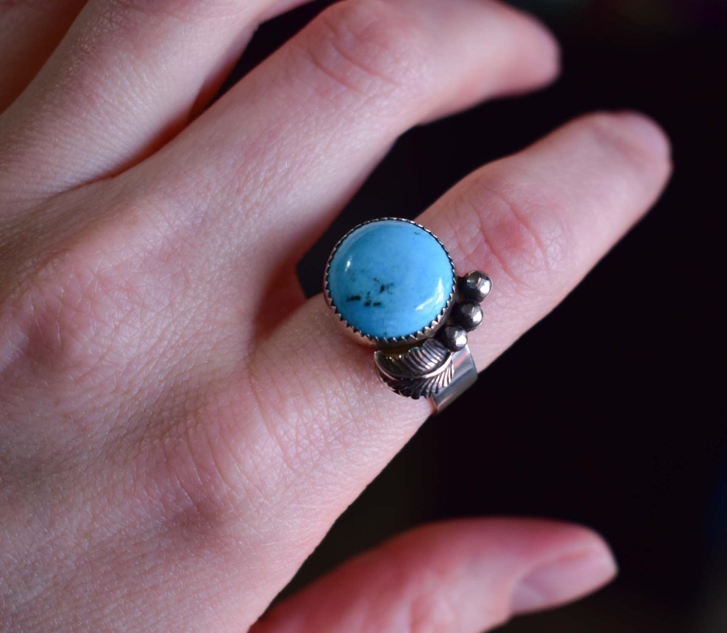 Sterling Silver Blue Matrix Kingman Turquoise Navajo Feather ring, Size 7.5