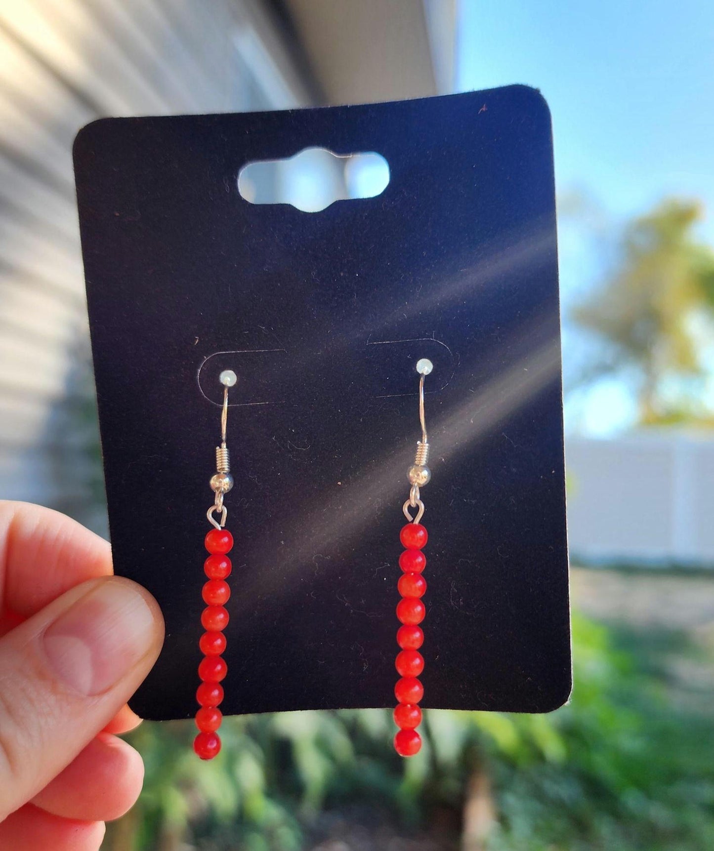 Beaded Red Coral Drop Sterling silver Earrings