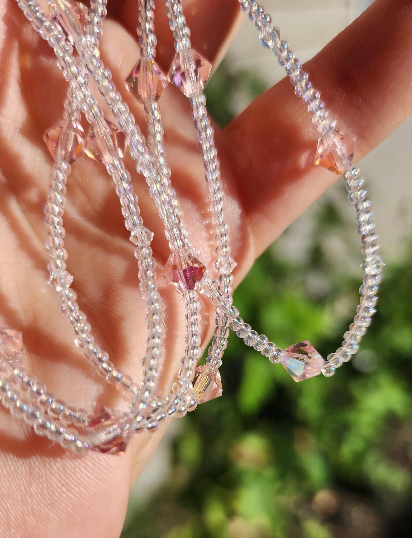 Pink and white seed bead and Swarovski crystal earrings