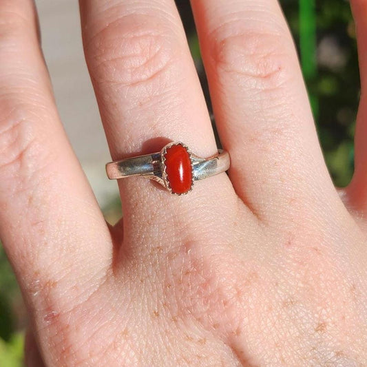 Sterling silver Red Coral Navajo ring, Size 7.5