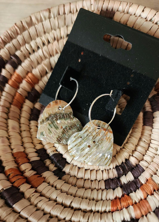 Heart shaped abalone button hoop earrings