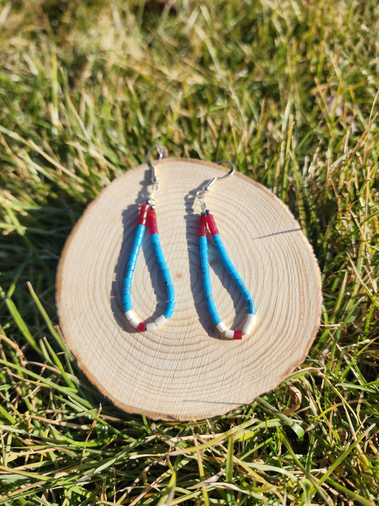 Traditonal Navajo drop red, white, turquoise synthetic heishi dangly earrings