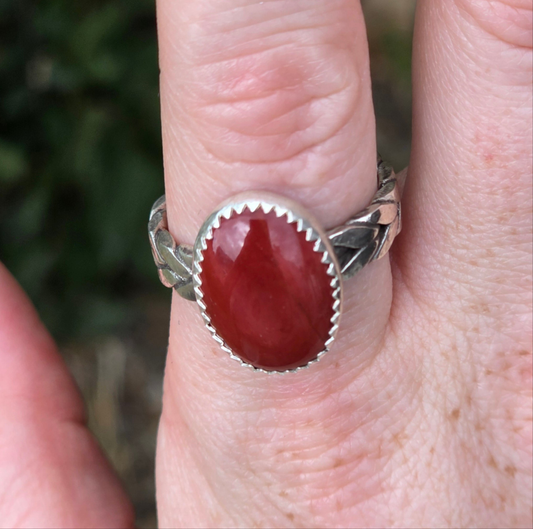 Sterling Silver Red Jasper braided Navajo ring, Size 10