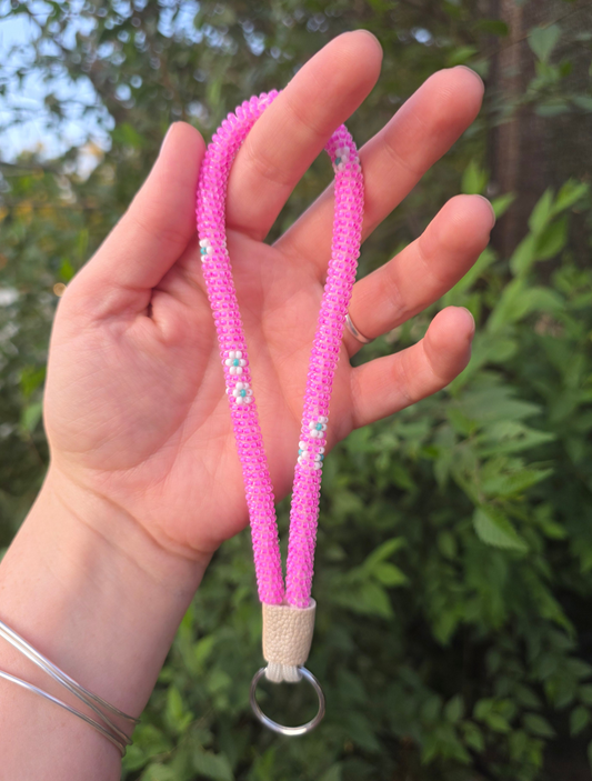 Beaded Pink and white flower wristlet keychain