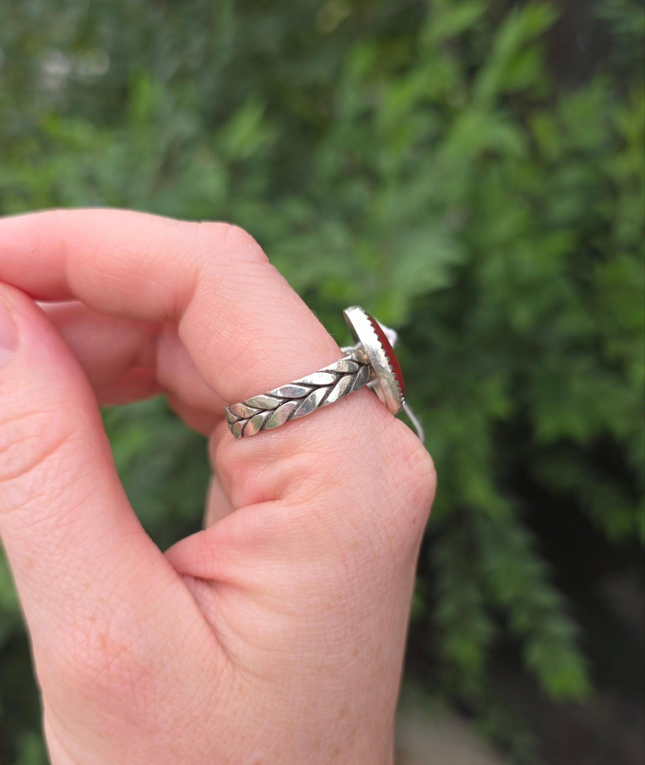 Sterling Silver Red Jasper braided Navajo ring, Size 10