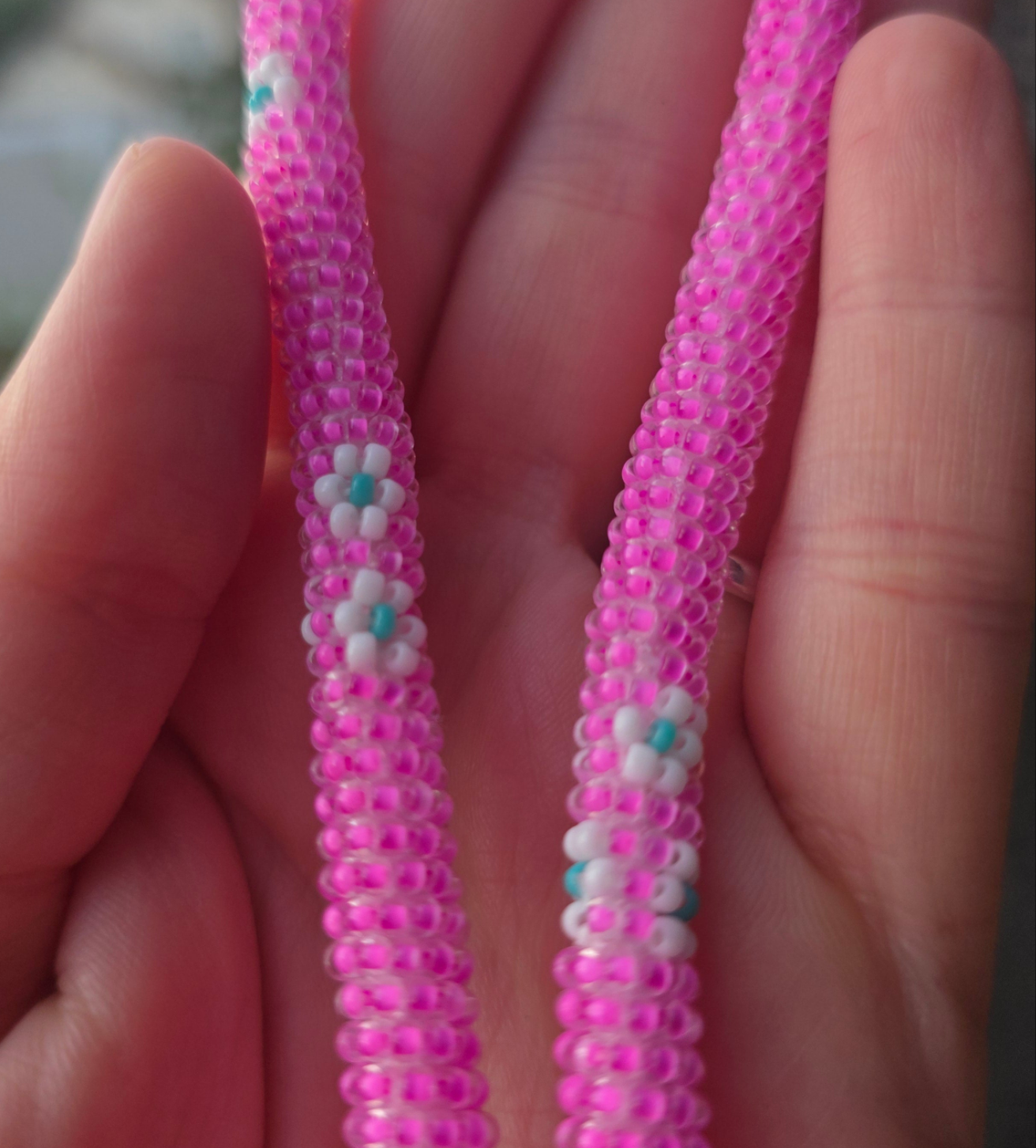 Beaded Pink and white flower wristlet keychain
