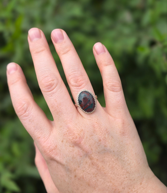 Sterling Silver Red & Green Jasper  Navajo ring, Size 7