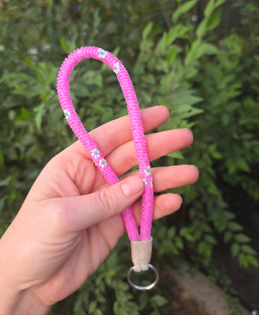 Beaded Pink and white flower wristlet keychain