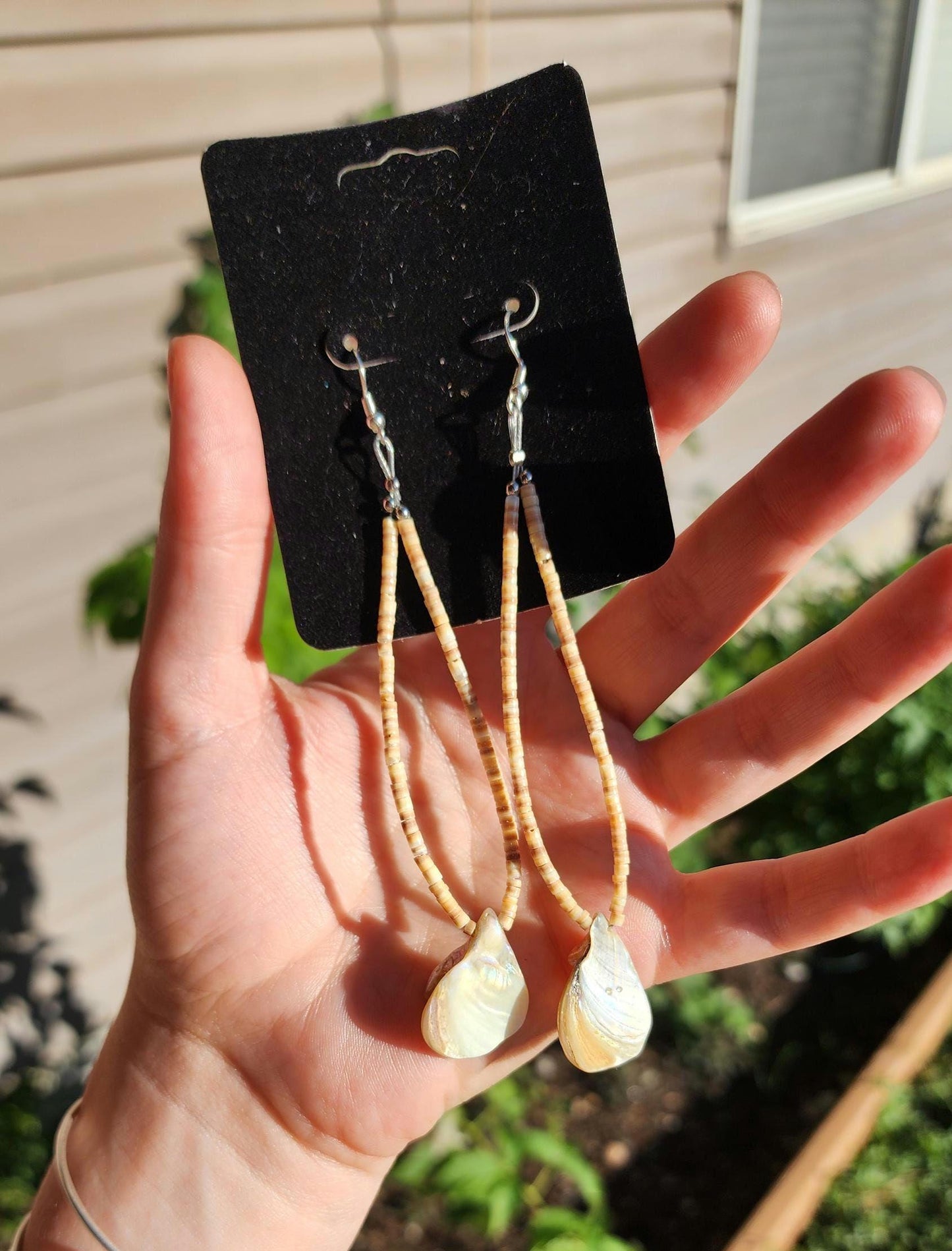 Brown Heishi beaded and mother of pearl Abalone Earrings