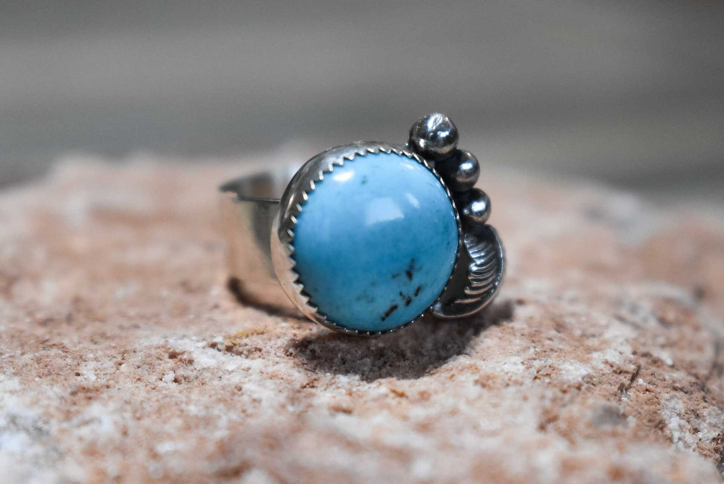 Sterling Silver Blue Matrix Kingman Turquoise Navajo Feather ring, Size 7.5