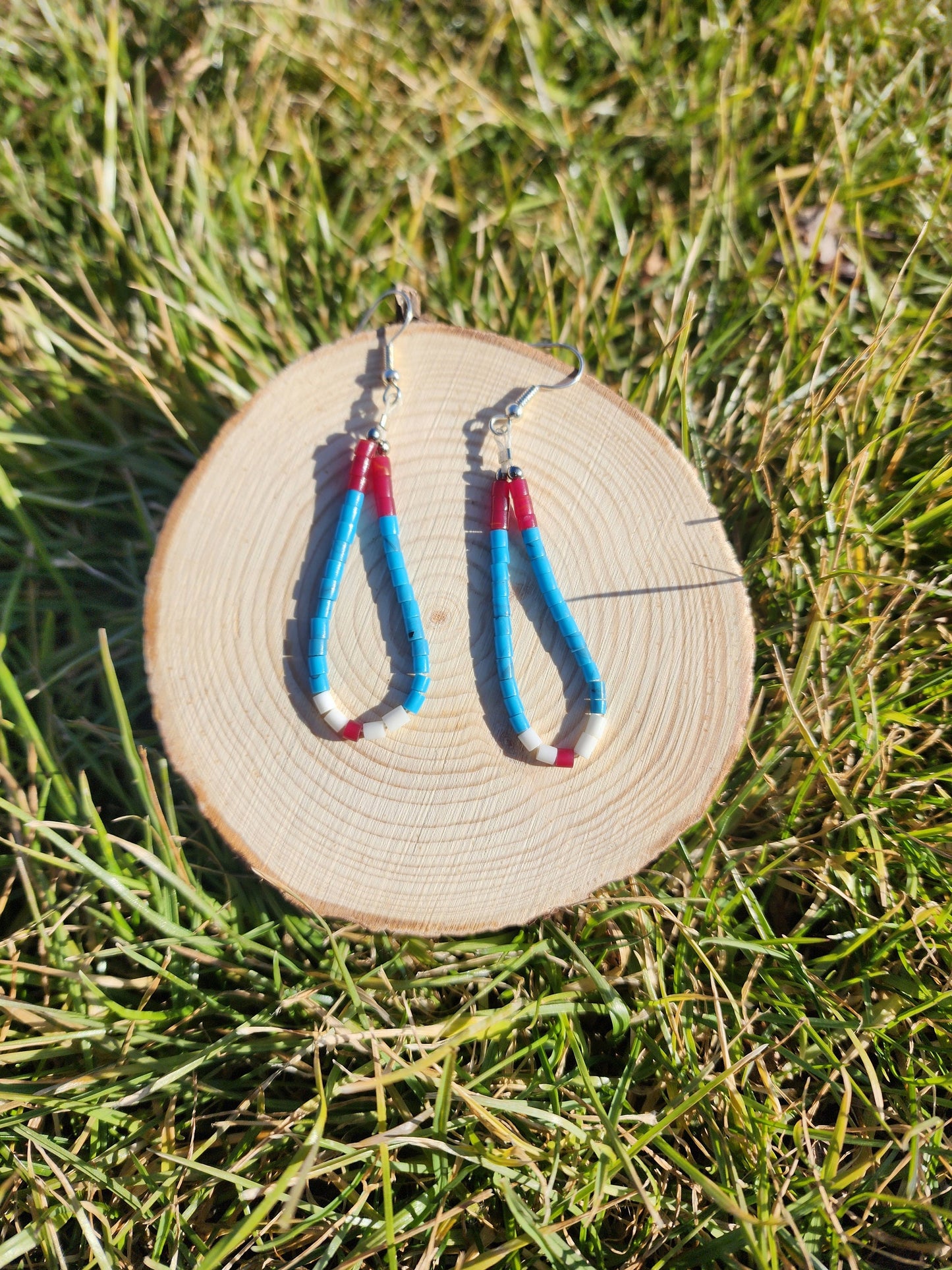 Traditonal Navajo drop red, white, turquoise synthetic heishi dangly earrings
