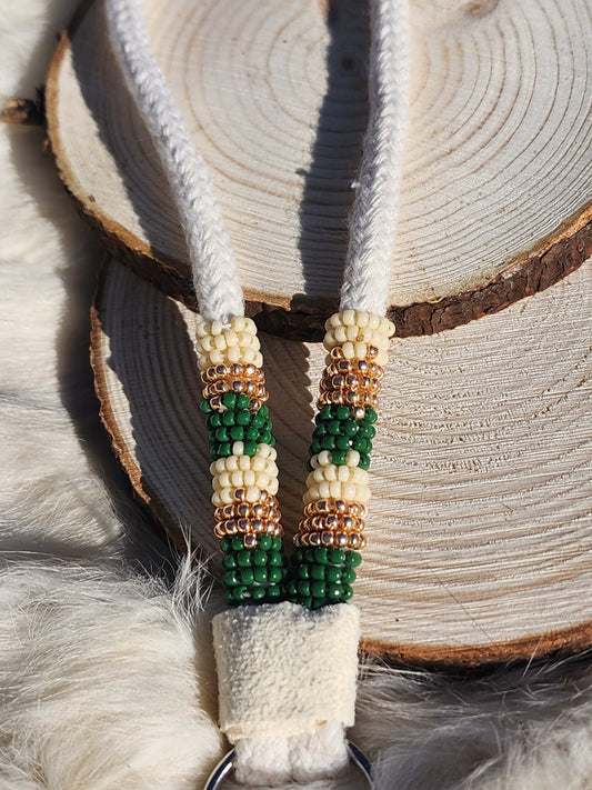 Neutral beige, green and gold beaded keychain