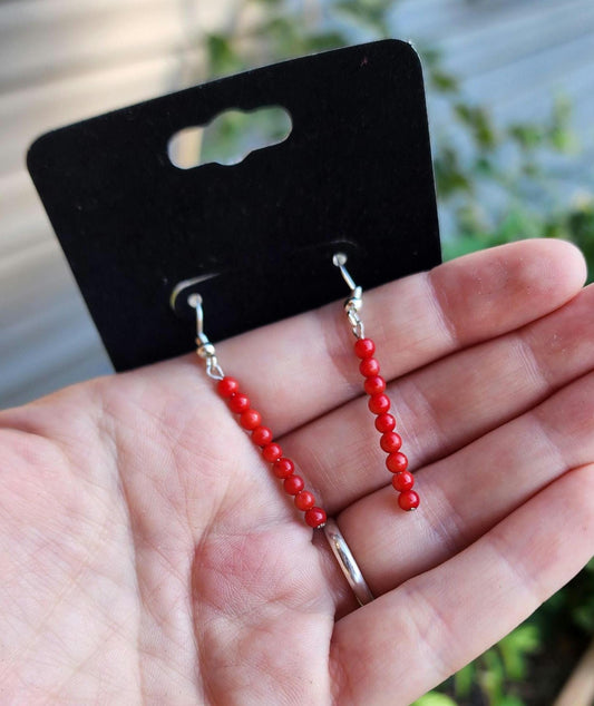 Beaded Red Coral Drop Sterling silver Earrings