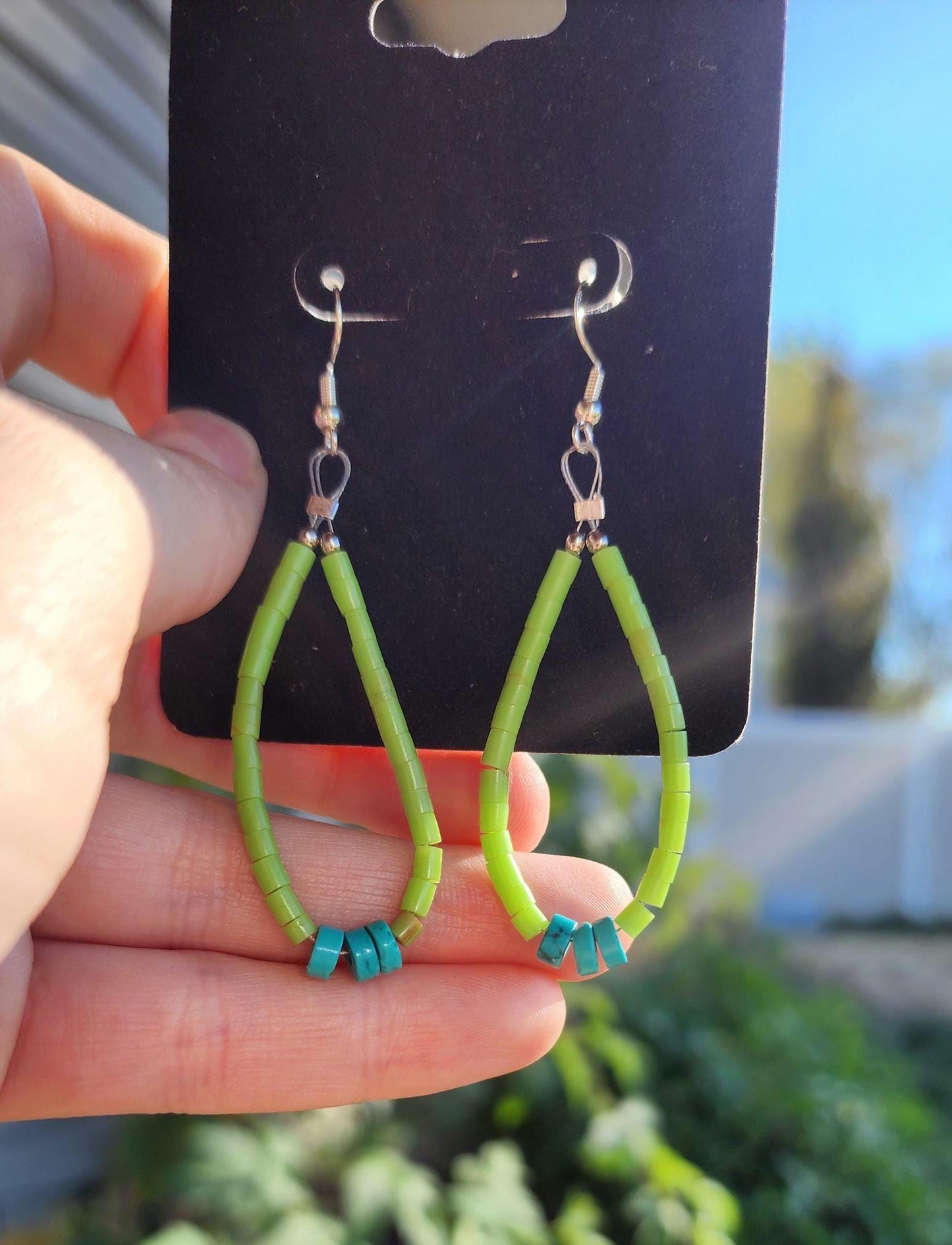Kingman Turquoise and green synthetic heishi beaded earrings