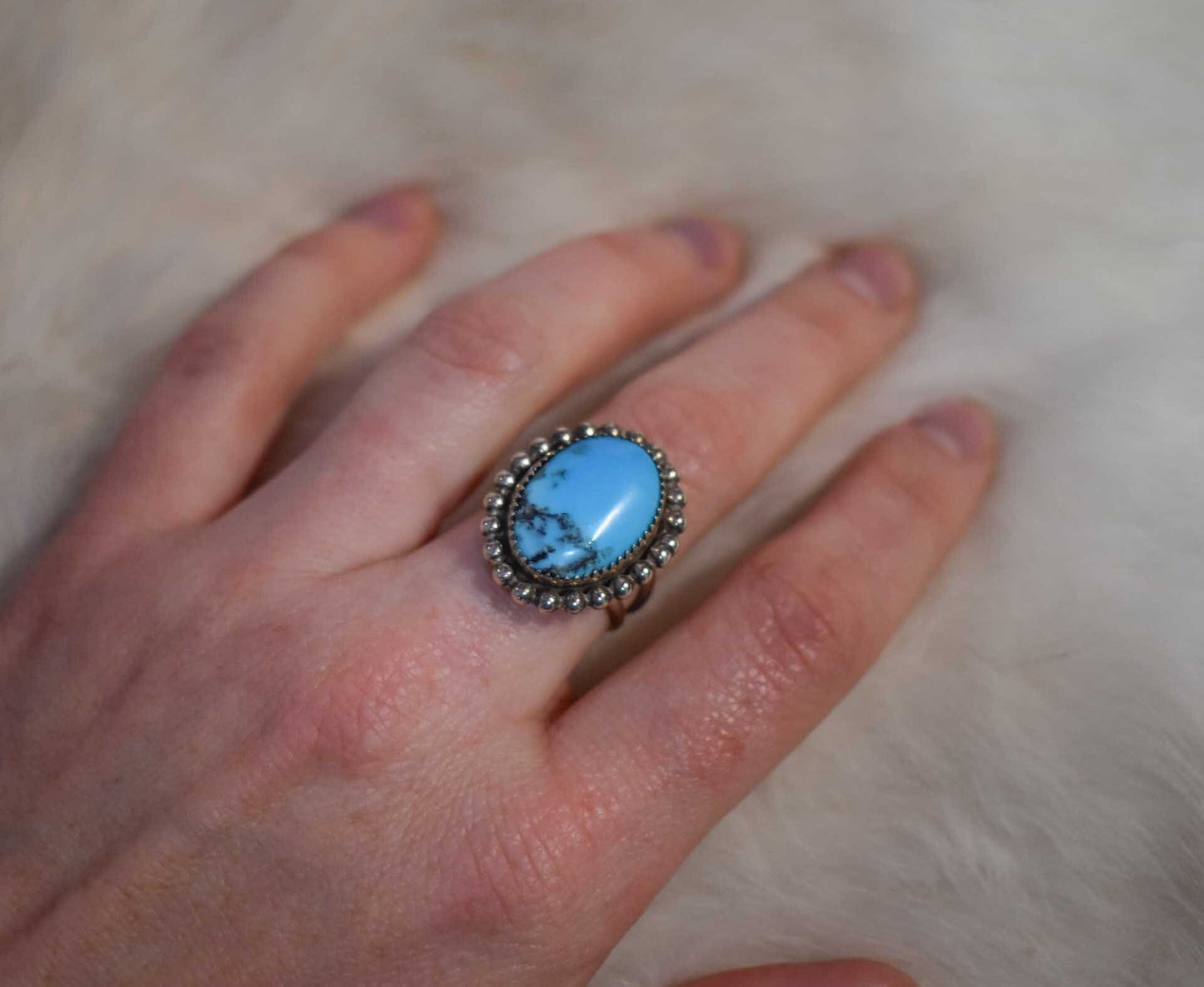 Sterling Silver Ithica Peak Turquoise Navajo ring, Size 7 1/2
