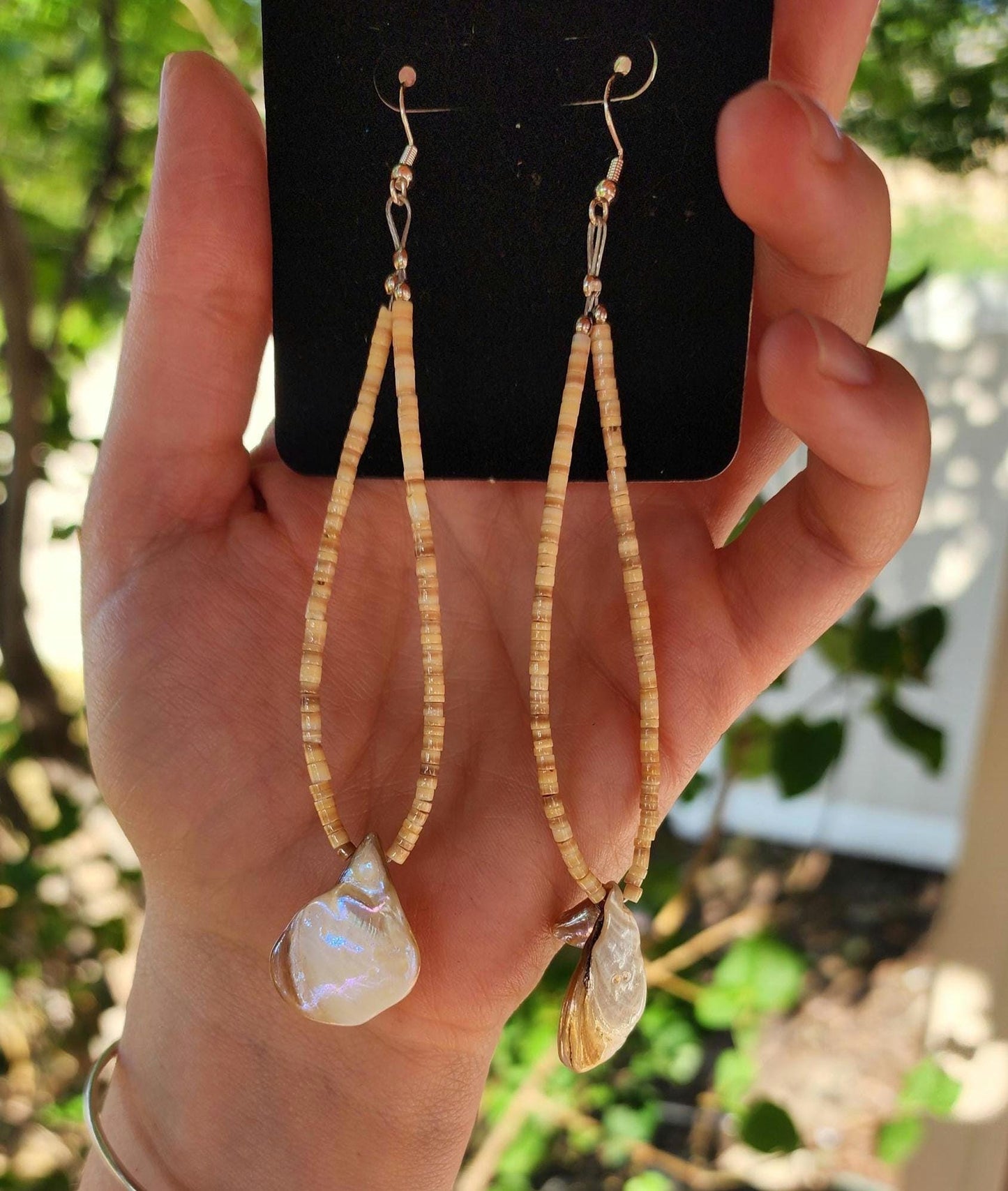 Brown Heishi beaded and mother of pearl Abalone Earrings