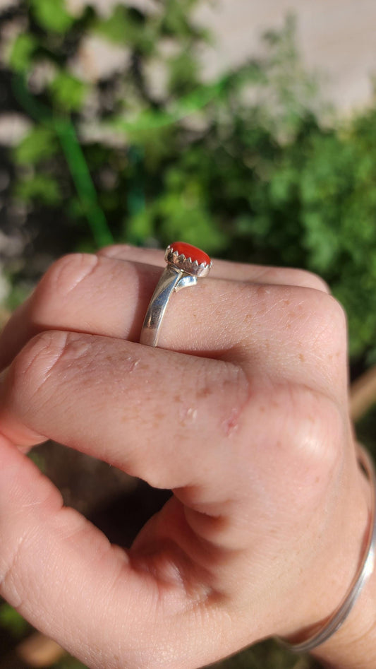 Sterling silver Red Coral Navajo ring, Size 7.5