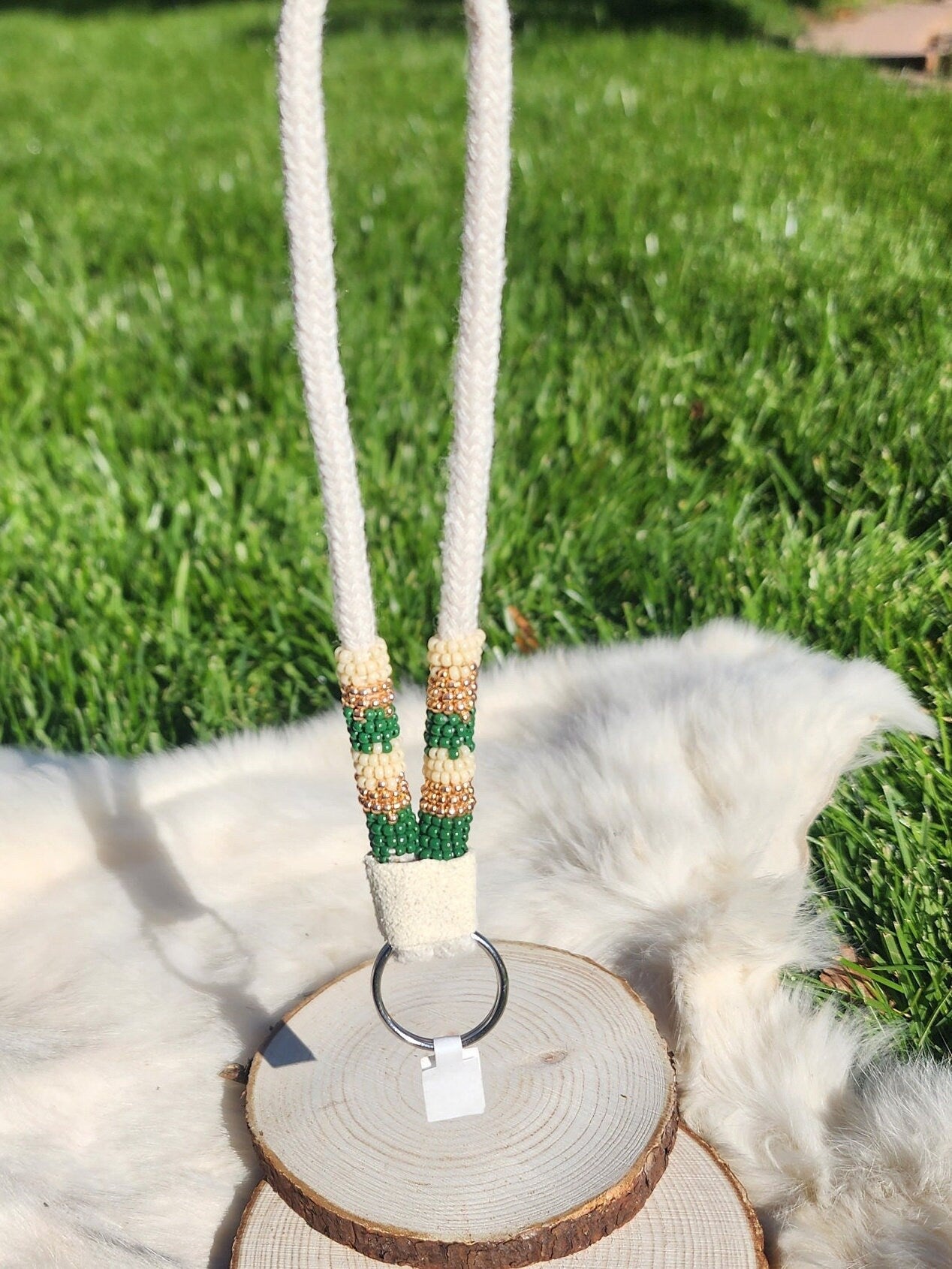Neutral beige, green and gold beaded keychain
